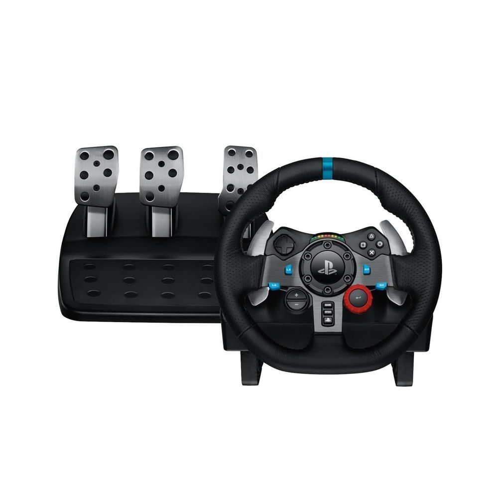 Racing wheel with blue accents and three silver metal pedals attached to black base