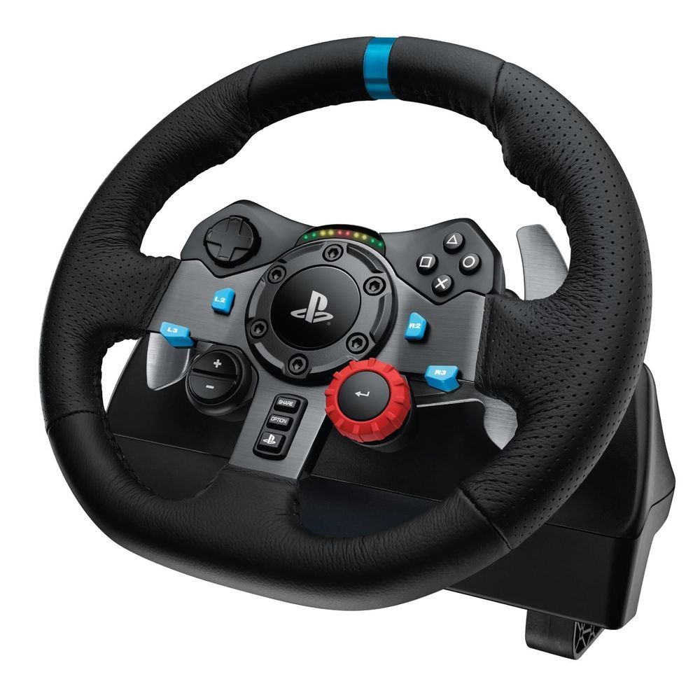 Black racing wheel with textured grip, blue ring detail, and control buttons with red dial
