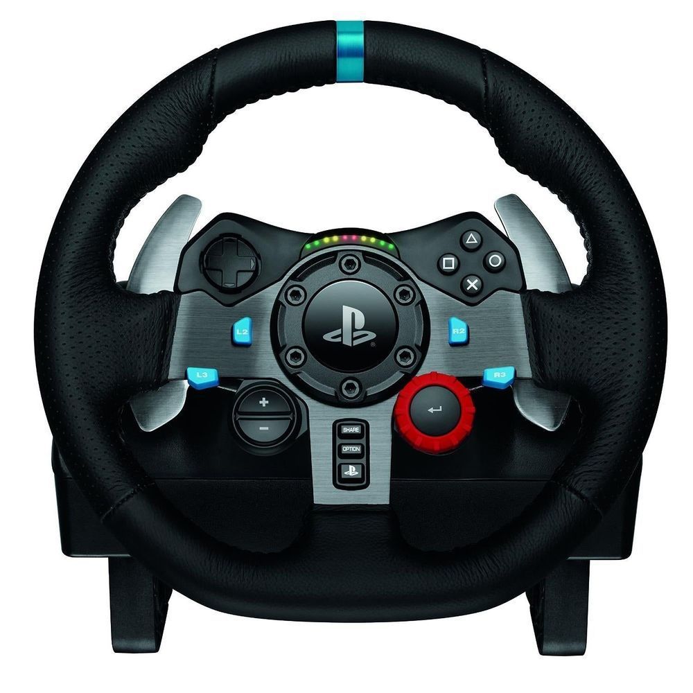 Black racing wheel front view with PlayStation logo, blue accents, and red control dial