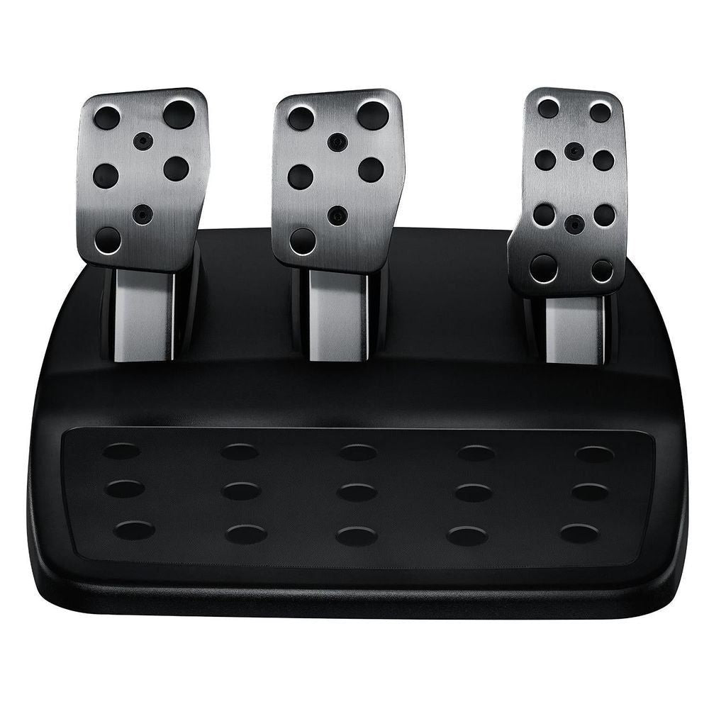 Three silver metal pedal faces on a black pedal base