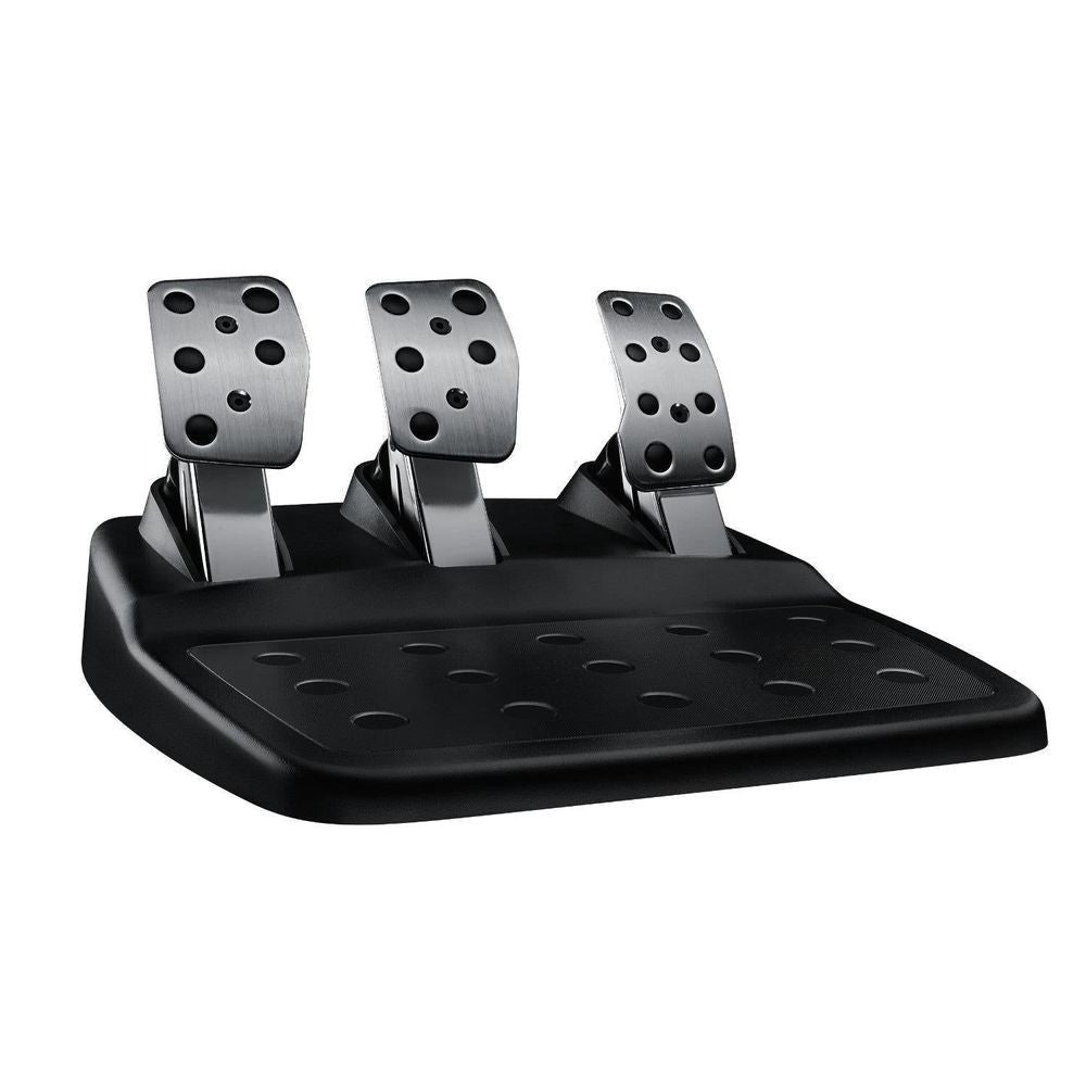 Black pedal set with three silver metal pedals and circular perforation pattern