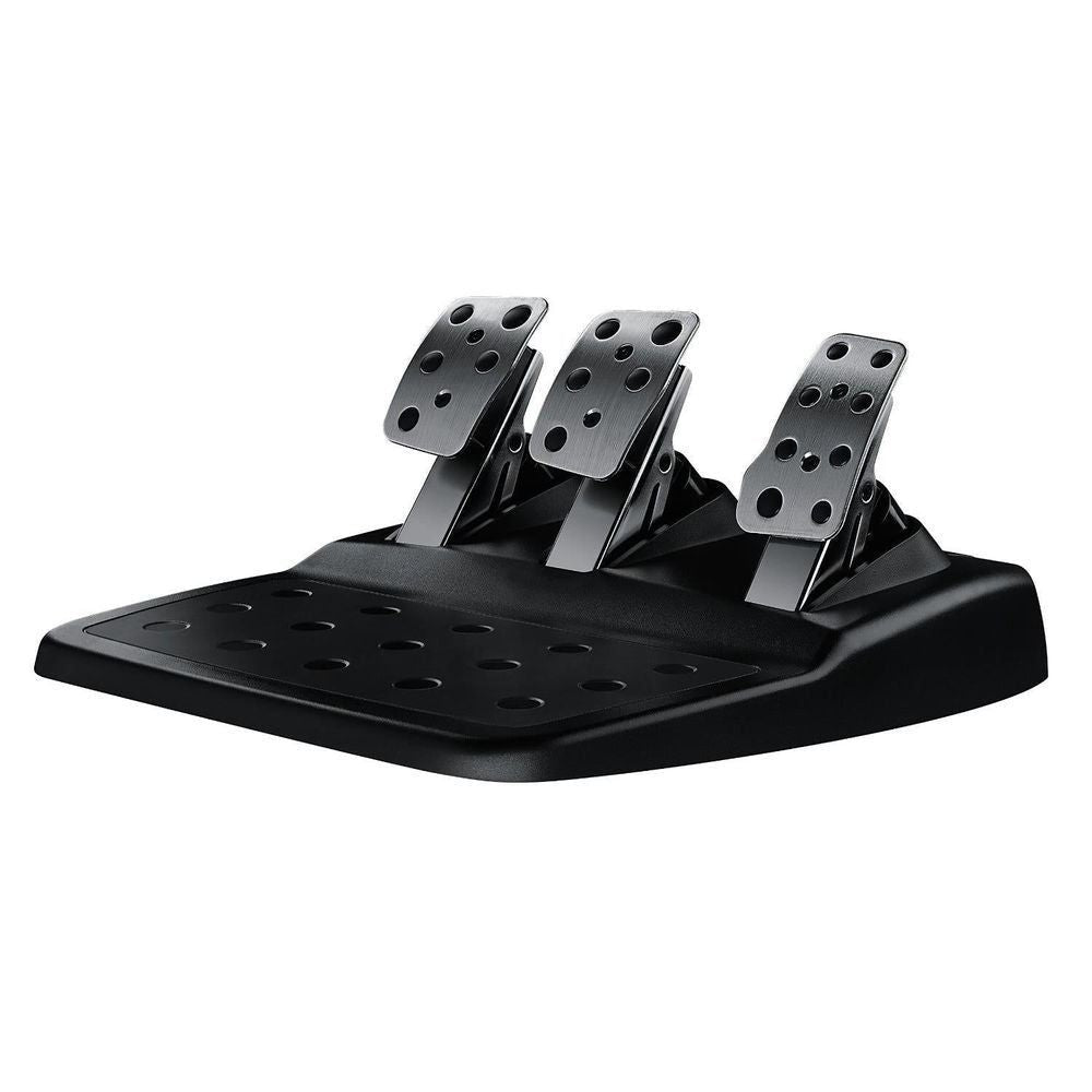 Black racing pedal base with three angled silver metal pedals