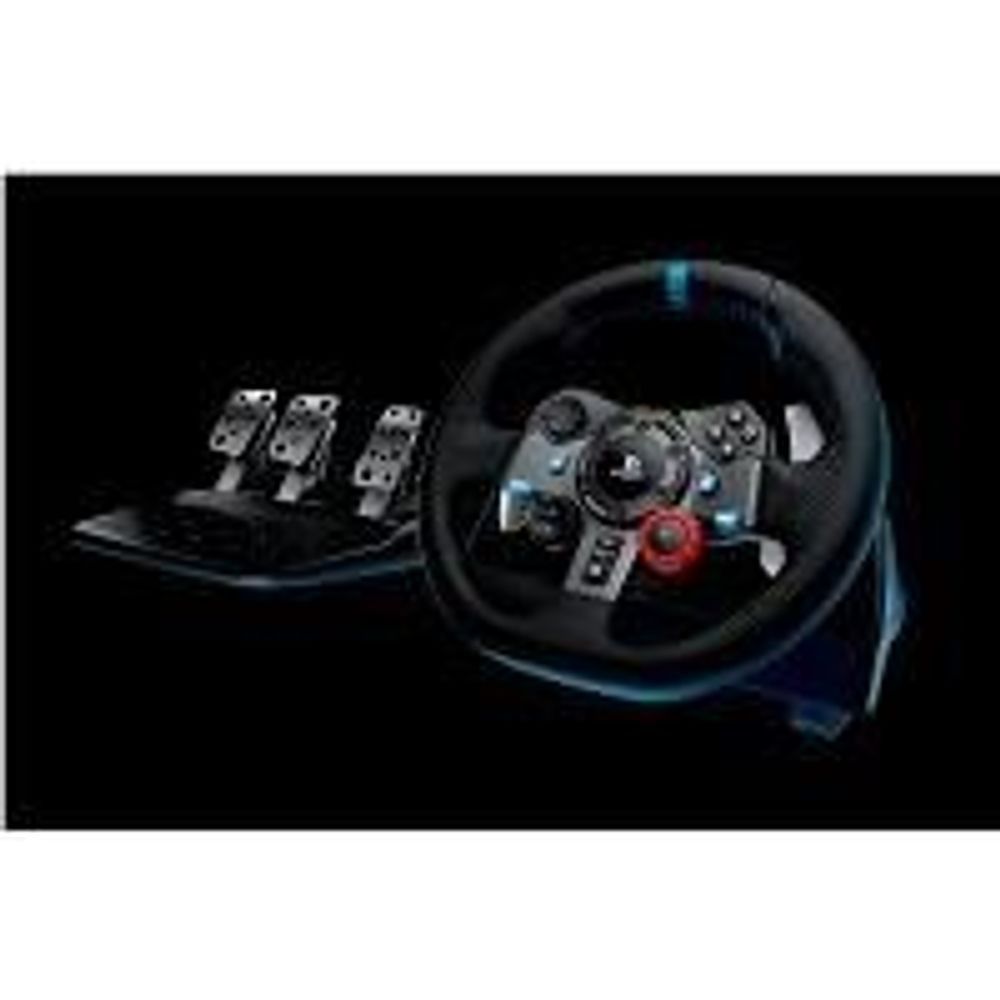 Racing wheel and pedals in a dark scene, with blue accents on the wheel rim