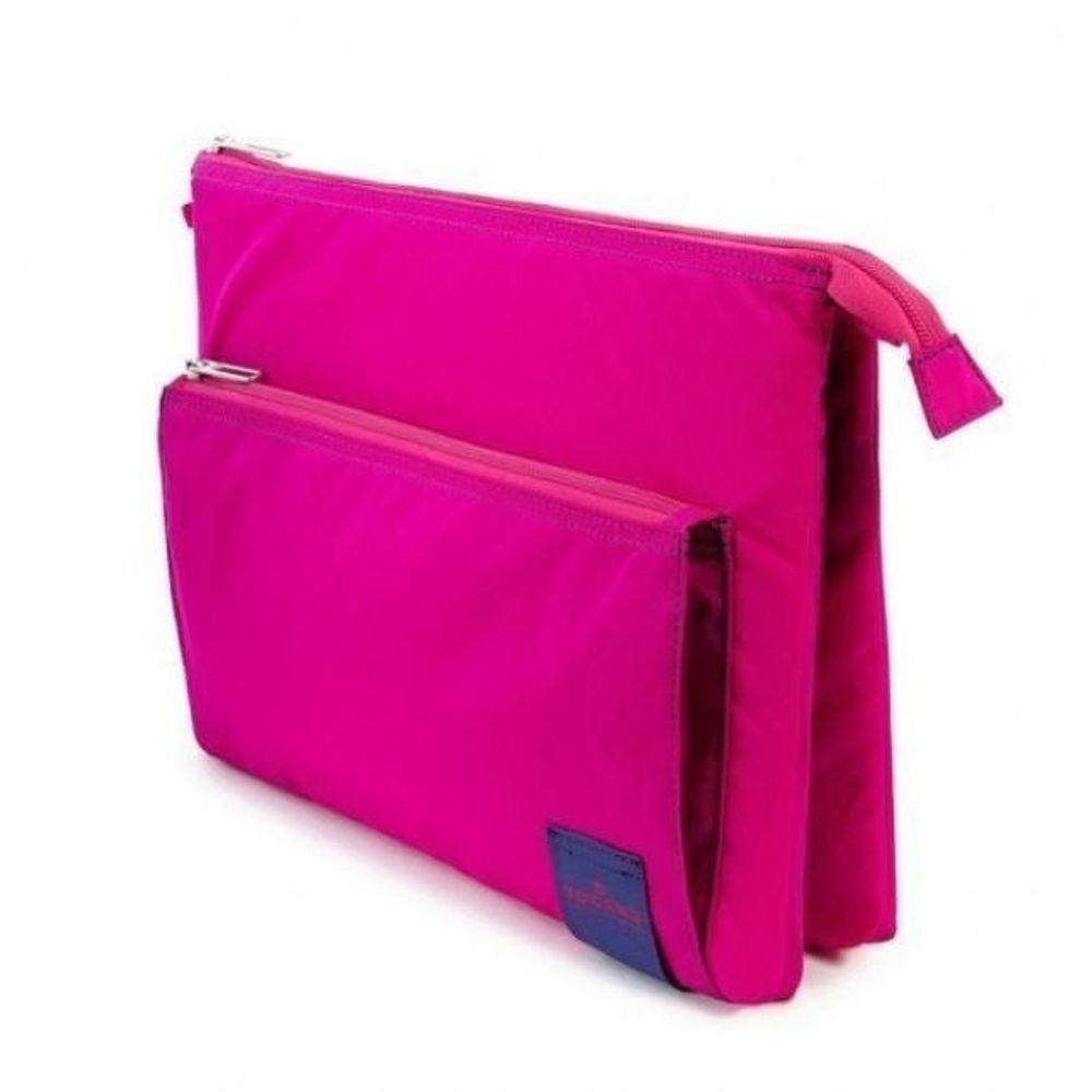 Pink slim shoulder bag with front zip pocket and side zipper pull