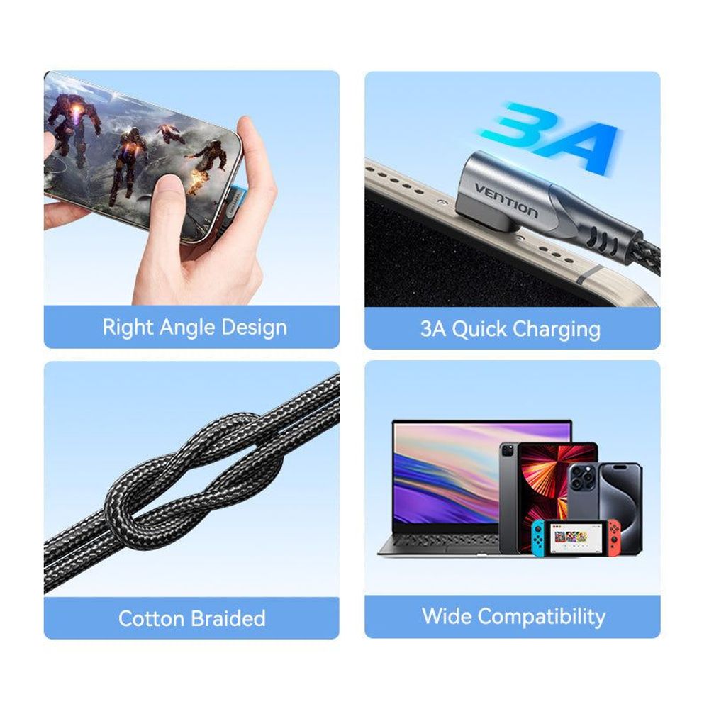 Black braided USB-C right-angle cable with gray aluminum connector, close-up