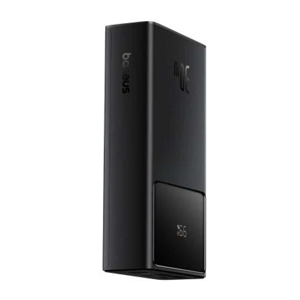 Black power bank side view with digital display window and port area