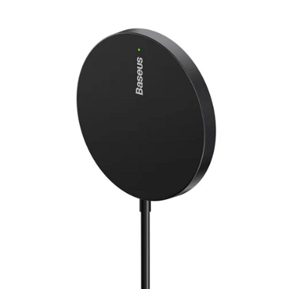 Black circular wireless charging pad with Baseus logo and cable