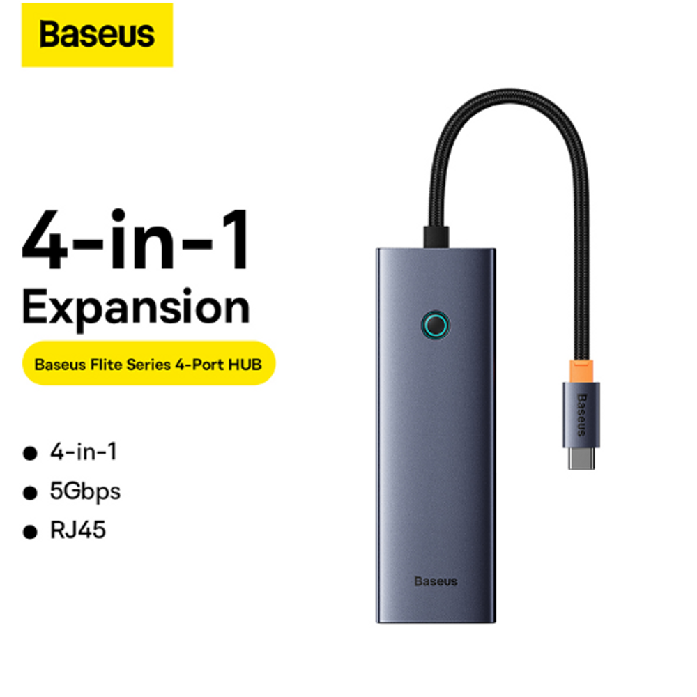 Space gray USB-C 4-port hub with braided cable and front indicator ring, standing