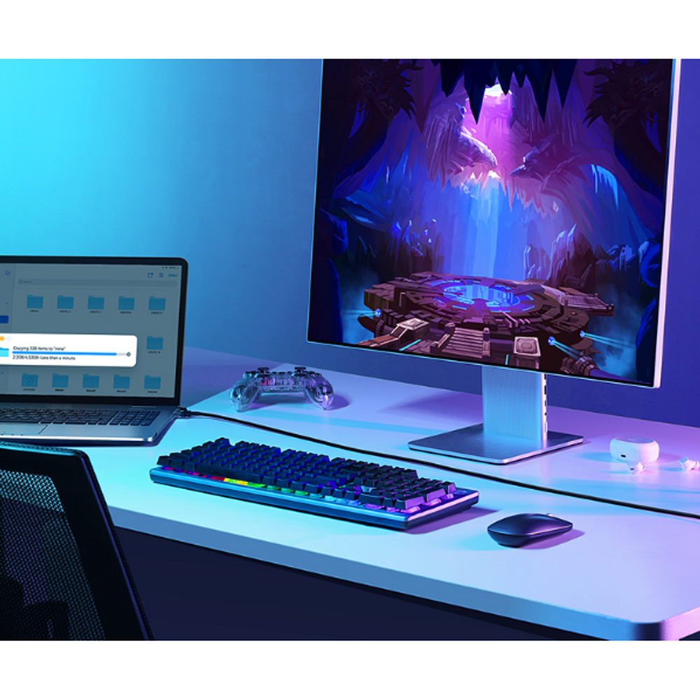 Ethernet cable used on a desk setup beside laptop and monitor