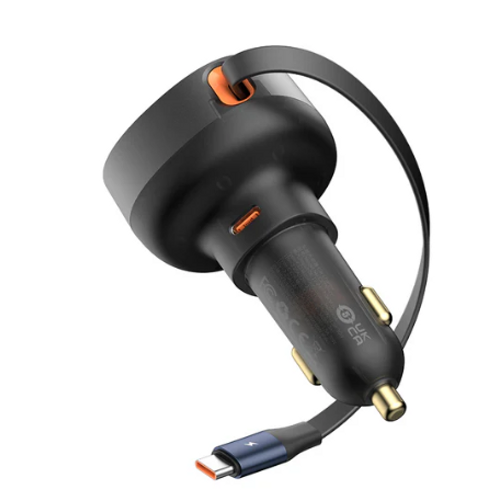 Retractable Type-C car charger with attached cable and orange trim