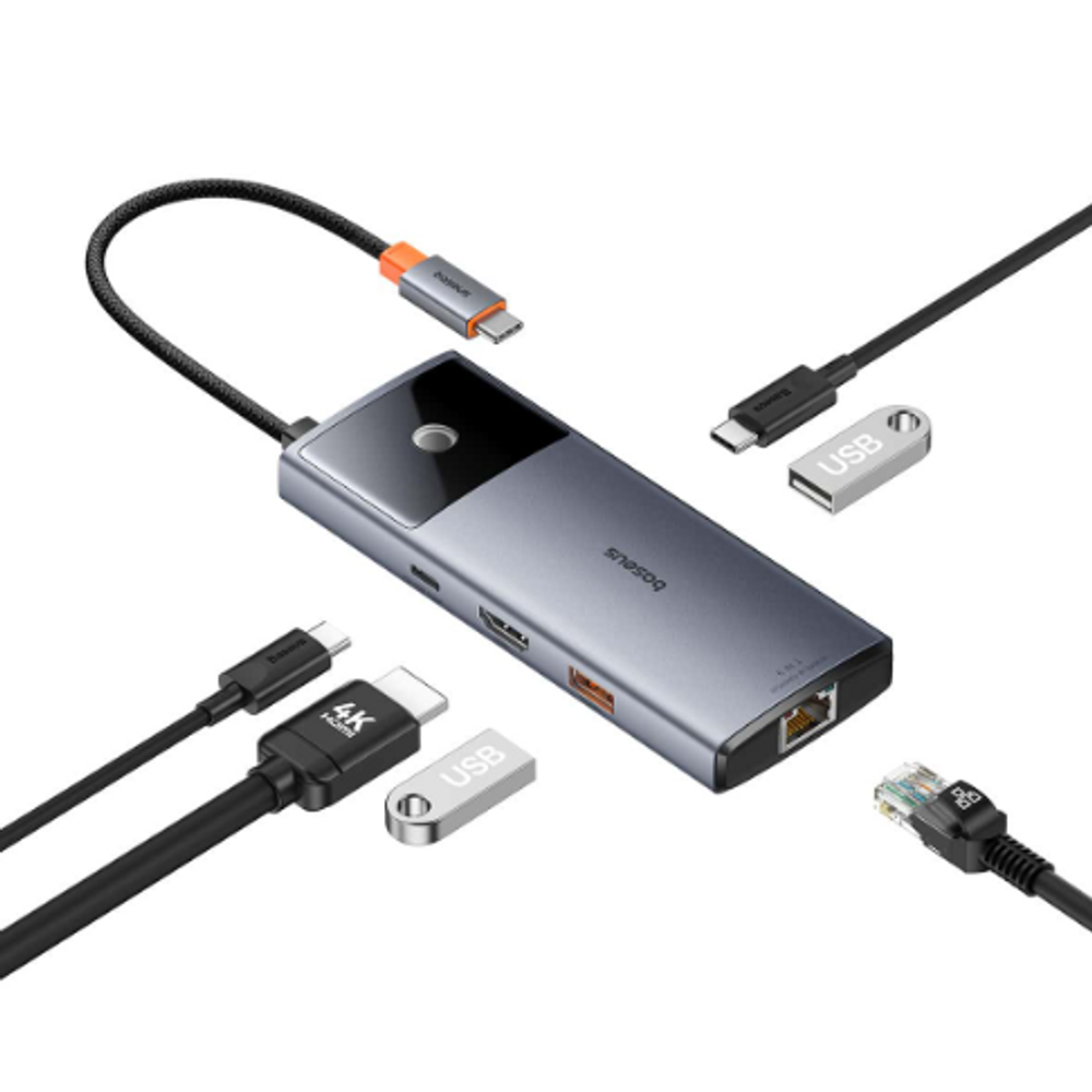Space grey USB-C hub with multiple ports and connected cables