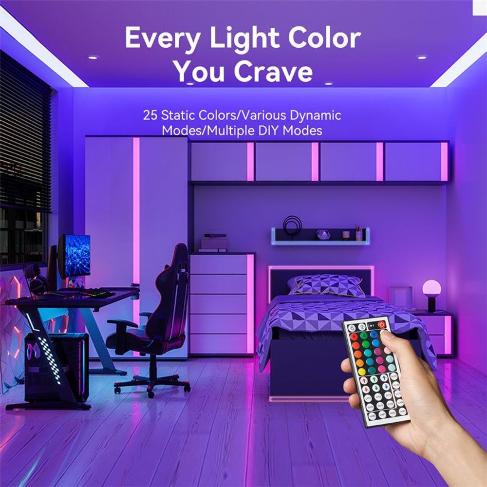 Silicone neon LED strip lights with IR remote, glowing purple in a room.
