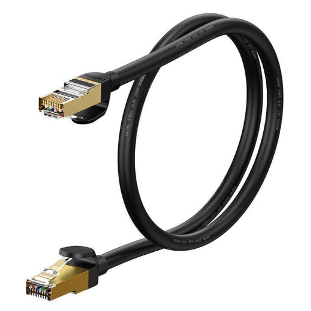Black round RJ45 Ethernet cable with gold-plated plug, angled close-up