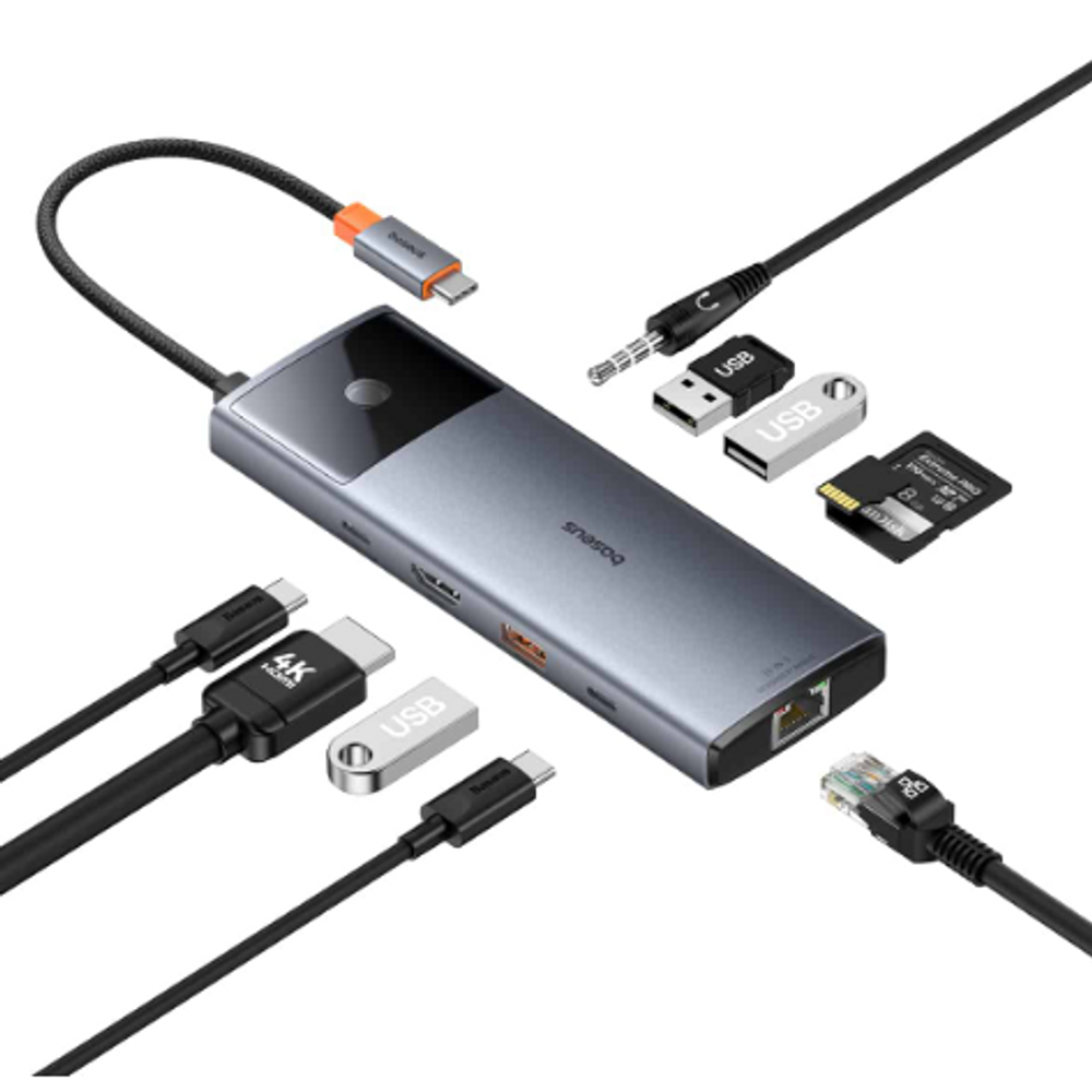 BAS43331 - Baseus Metal Gleam Series II 10-in-1 USB HUB Space Grey（USB-C to 1*HDMI 4K@60Hz+1*USB-A(10Gbps)+1*USB-C（10Gbps)+2*USB-A(480Mbps)+1*RJ45+1*SD/TF+1*USB-C(PD)+1*3.5mm）
