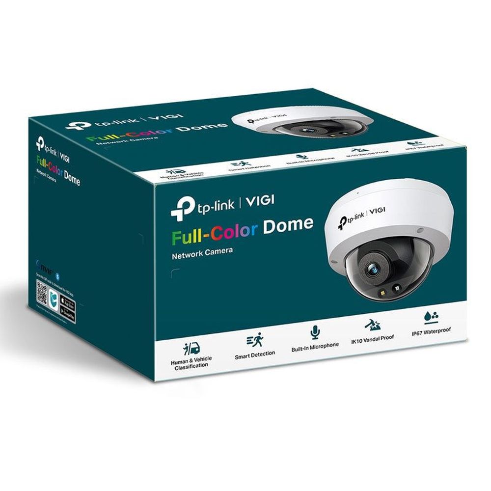 Full-color dome network camera retail box with device pictured