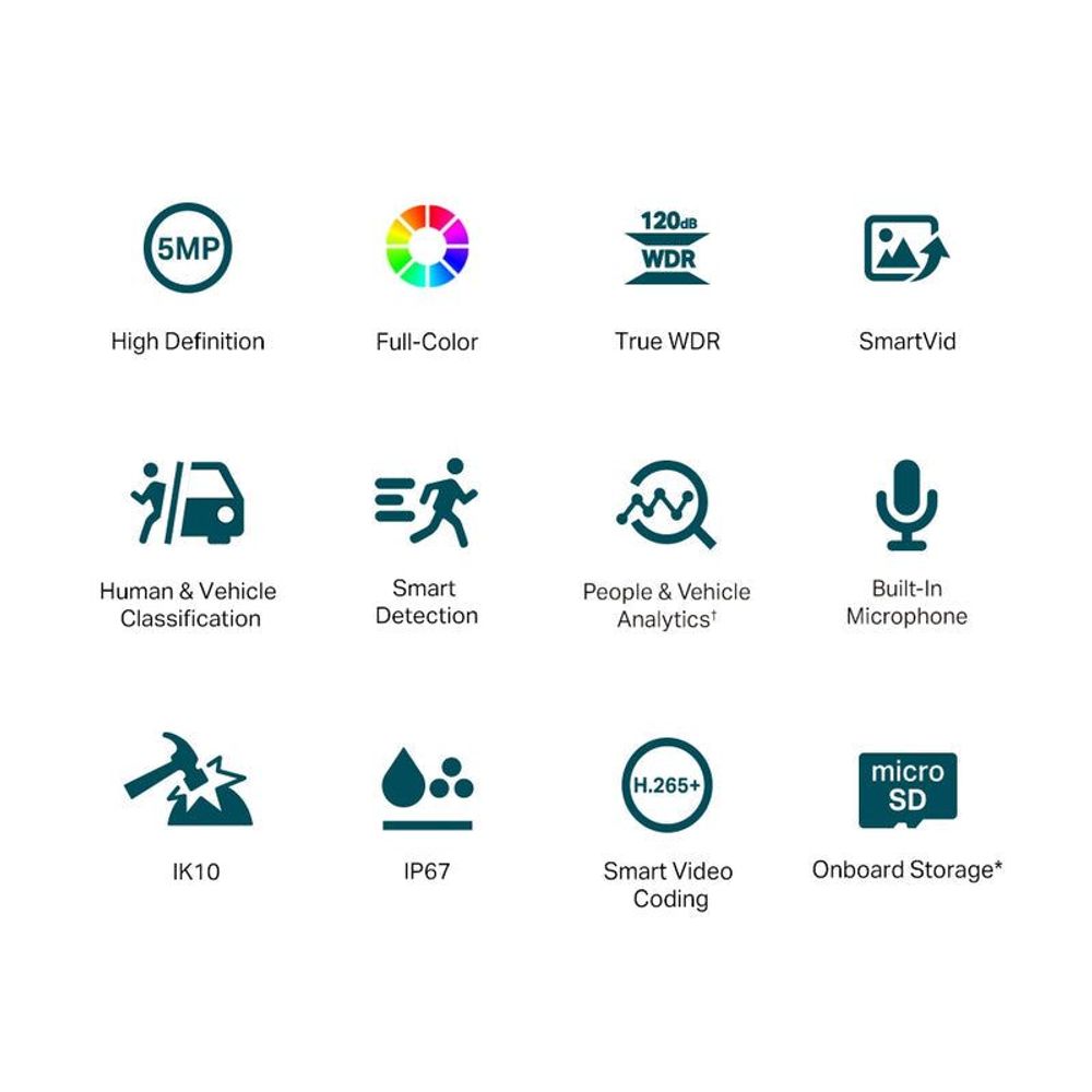 Camera capability icons including full-color, WDR, microphone, smart video, microSD