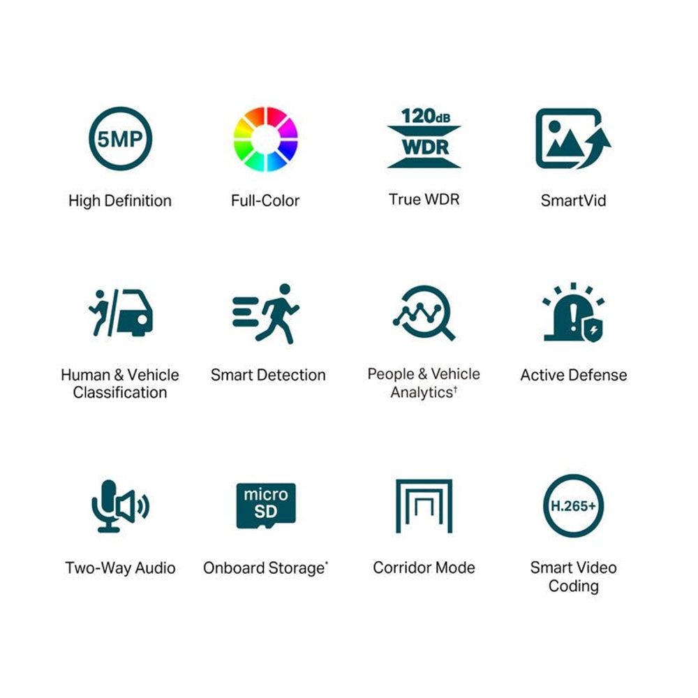 Turret camera feature icons: 5MP, full-color, WDR, SmartVid, two-way audio, microSD