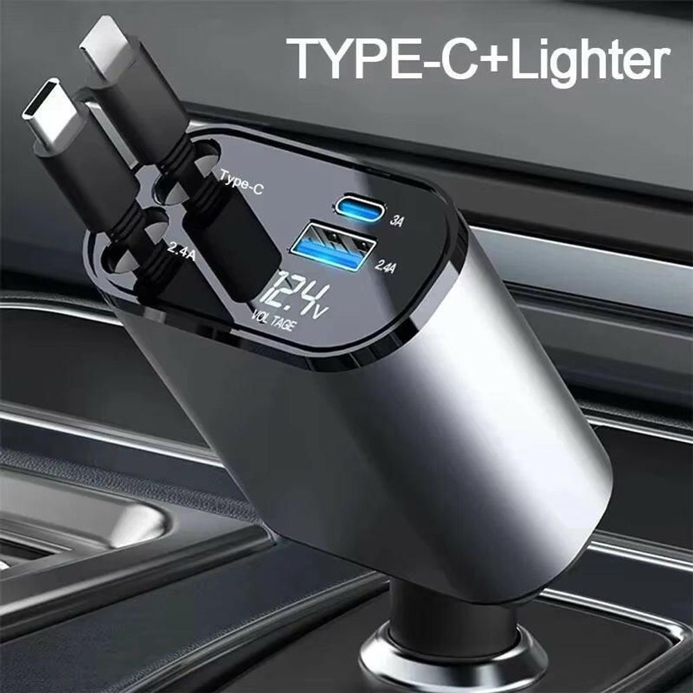 120W 4-in-1 Retractable Car Charger with USB Type-C Fast Charging for iPhone, Xiaomi, Huawei, and Samsung Lightning and Type C