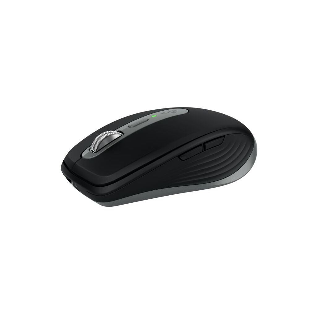 Space grey wireless mouse top view with click buttons and scroll wheel, Logitech MX Anywhere 3S