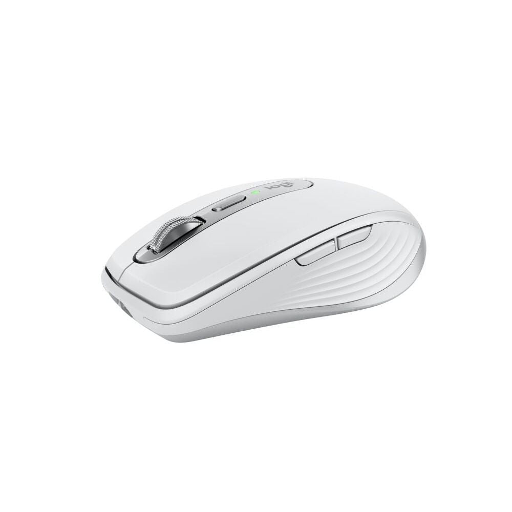 Pale grey wireless computer mouse, angled top view with scroll wheel and side controls