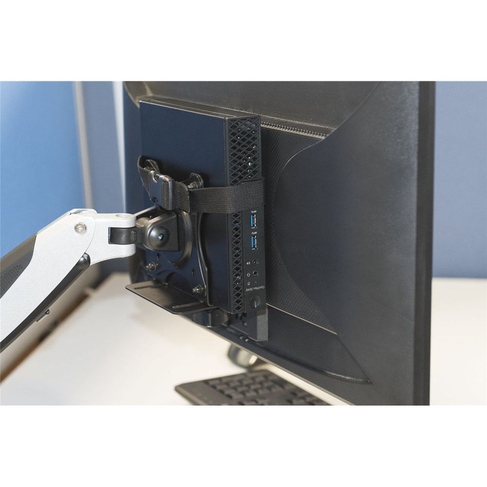 Mini PC VESA mount bracket attached to back of monitor, holding device in place