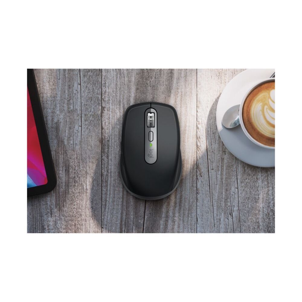 Logitech MX Anywhere 3s wireless mouse, black, top front view with side button area