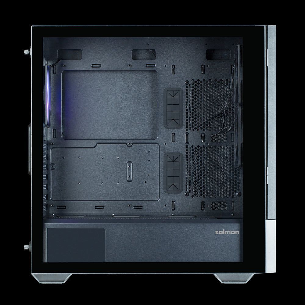 Black ATX mid-tower PC case with open interior and tempered glass side window