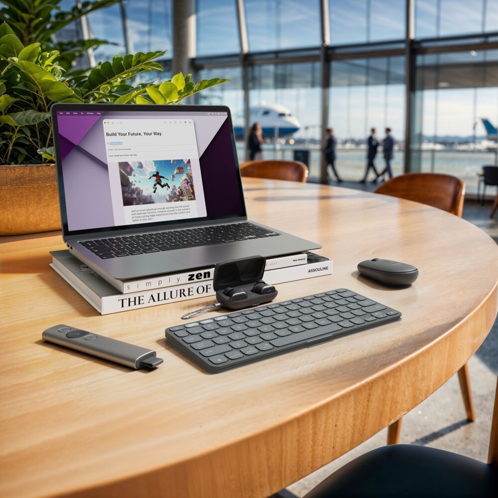 Graphite portable wireless keyboard on desk, angled view