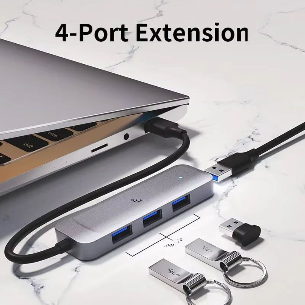 USB 3.0 4-port Type-A hub with extended cable and three visible USB ports
