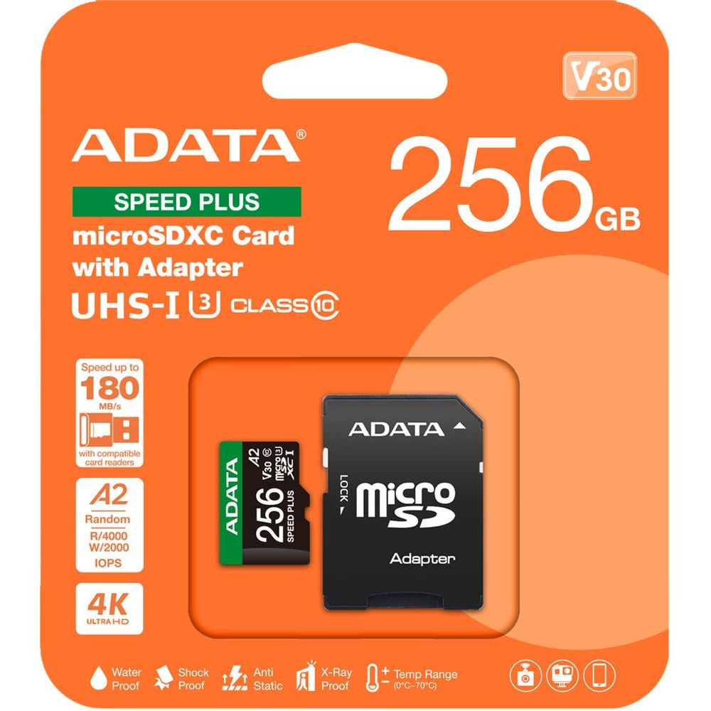 ADATA Speed Plus 256GB microSDXC card with adapter retail package, UHS-I U3