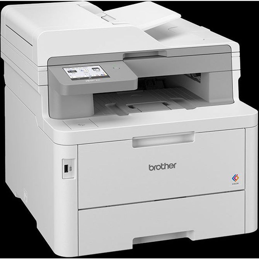 White Brother colour laser printer with paper output slot and front status window.