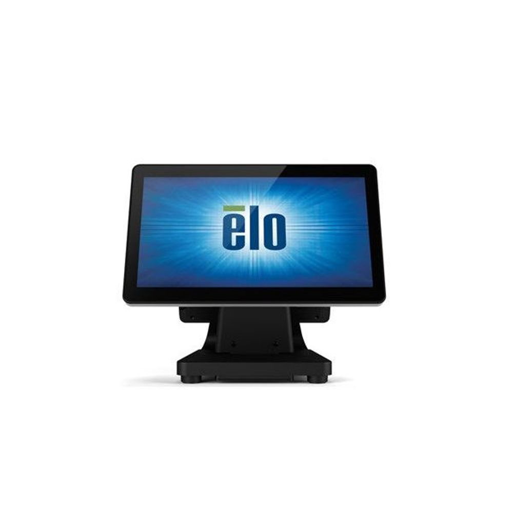 Elo zero-bezel touch display monitor in black, front view with pedestal stand