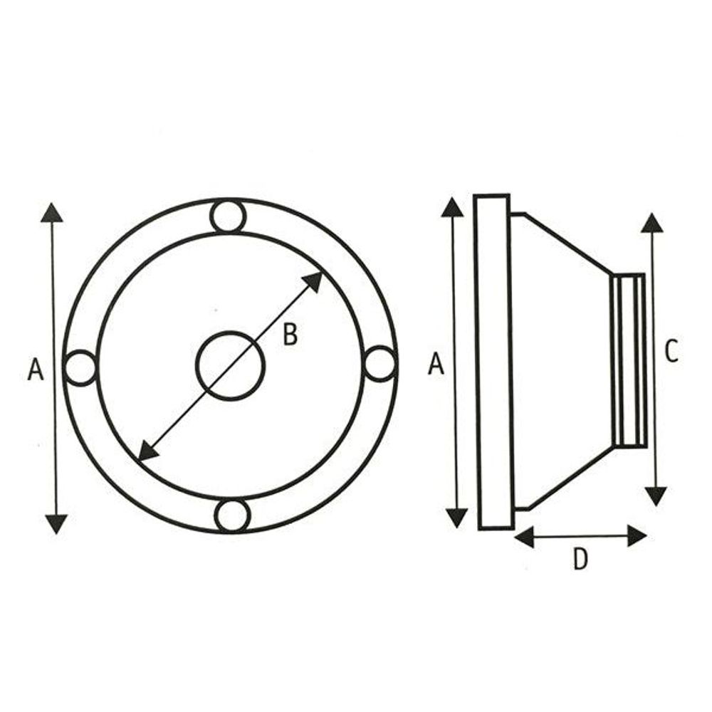 In-ceiling speaker dimensions diagram labeled A, B, C, and D