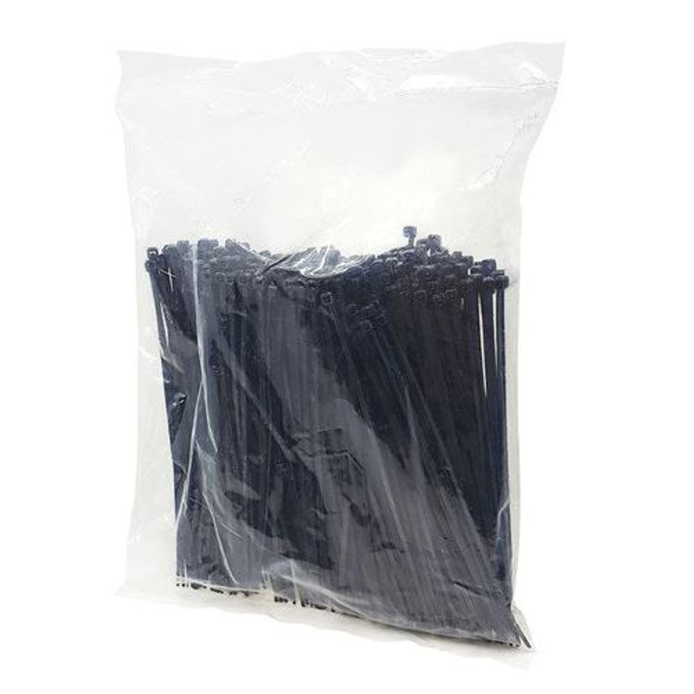Bagged set of black cable ties, many straps with locking heads