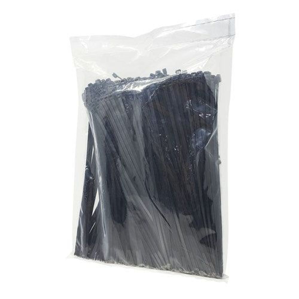 Bagged pack of black nylon cable ties with locking heads