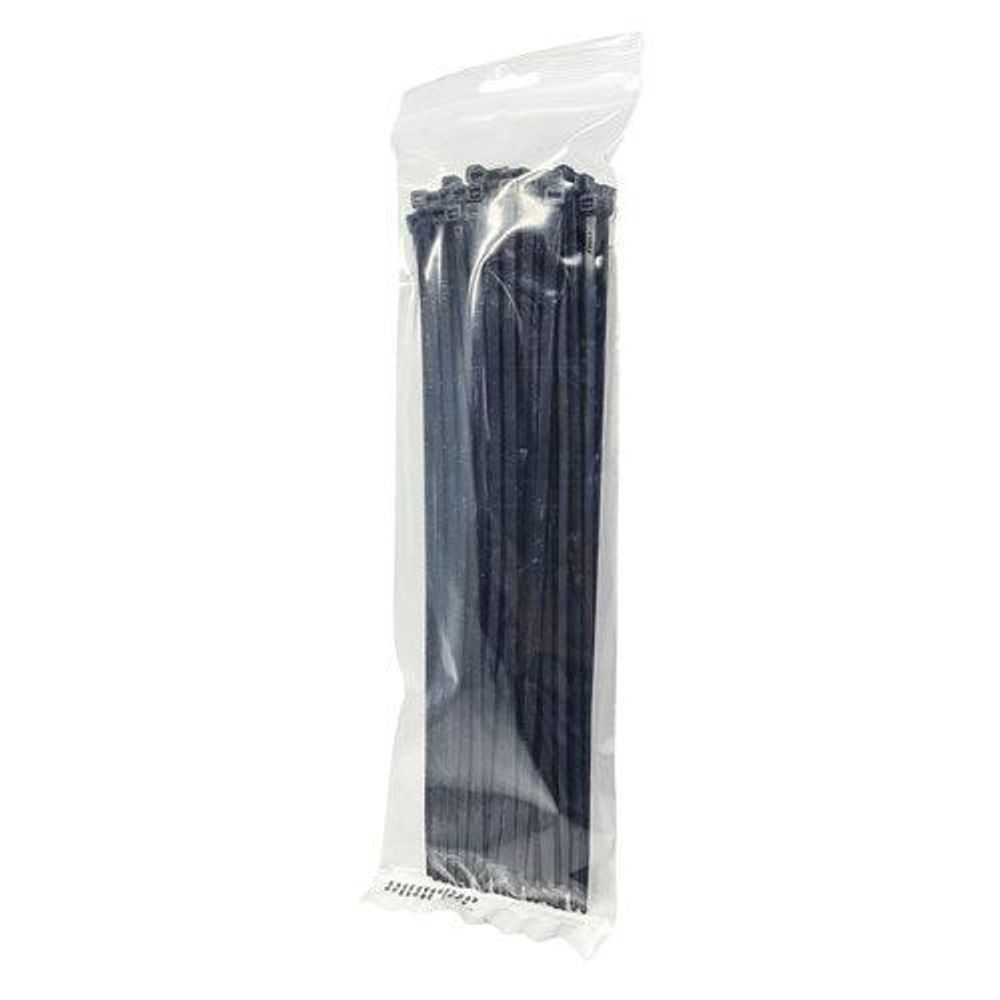 Pack of 100 black cable ties in clear bag, 300mm x 4.8mm