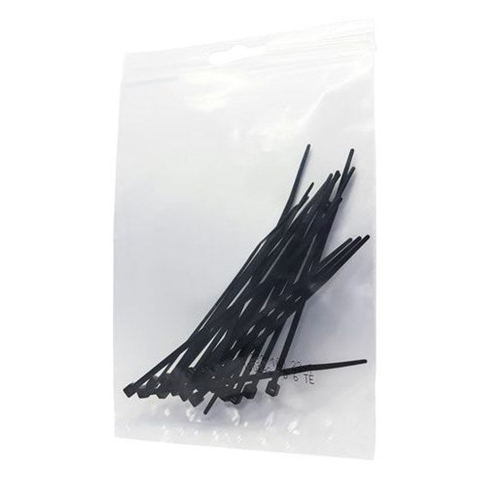 Clear bag of black 100mm cable ties with locking heads (pack of 20)