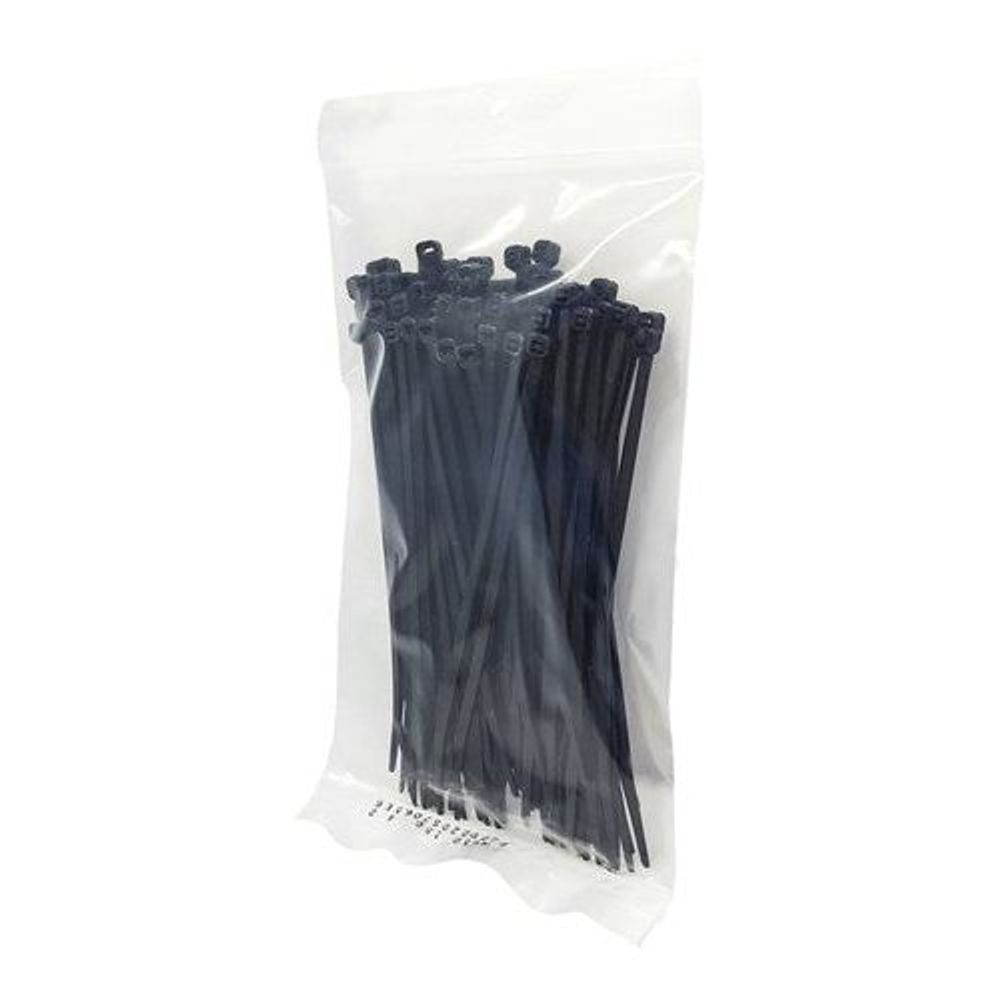 Pack of black plastic cable ties in a clear bag, locking heads visible
