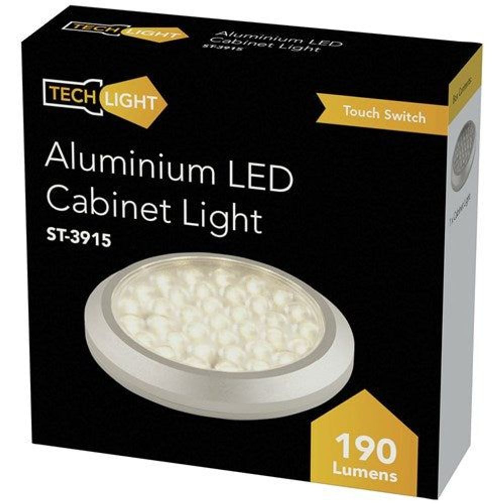 Packaging for circular aluminum LED cabinet light with touch switch, 190 lumens