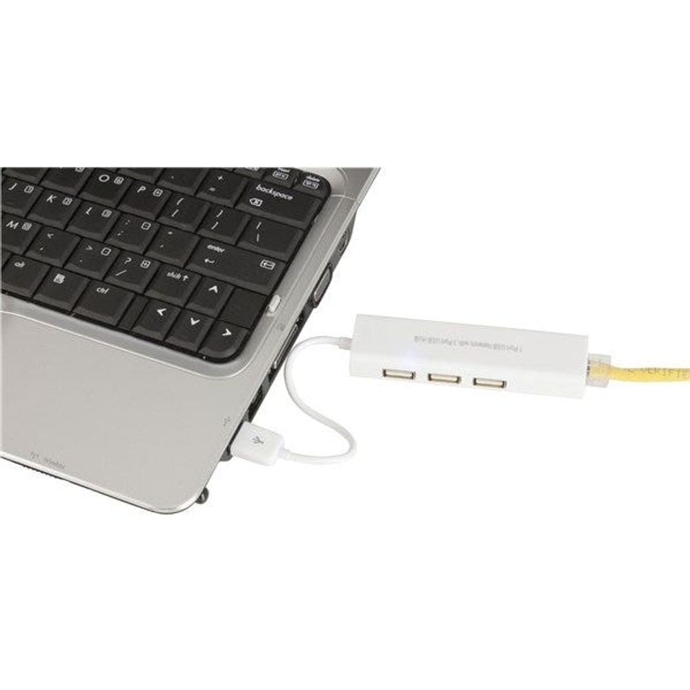 White 3-port USB hub adapter connected to laptop, USB ports visible