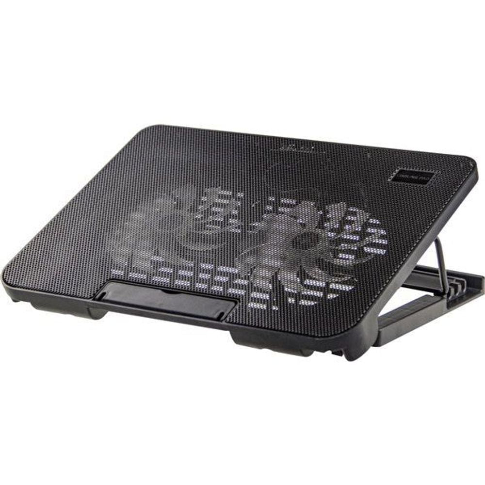 Black dual-fan cooling pad with fold-out stand