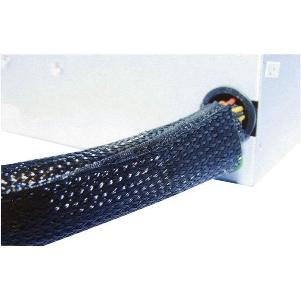 Braided loom wrap with hook-and-loop closure, dark blue, around power cord