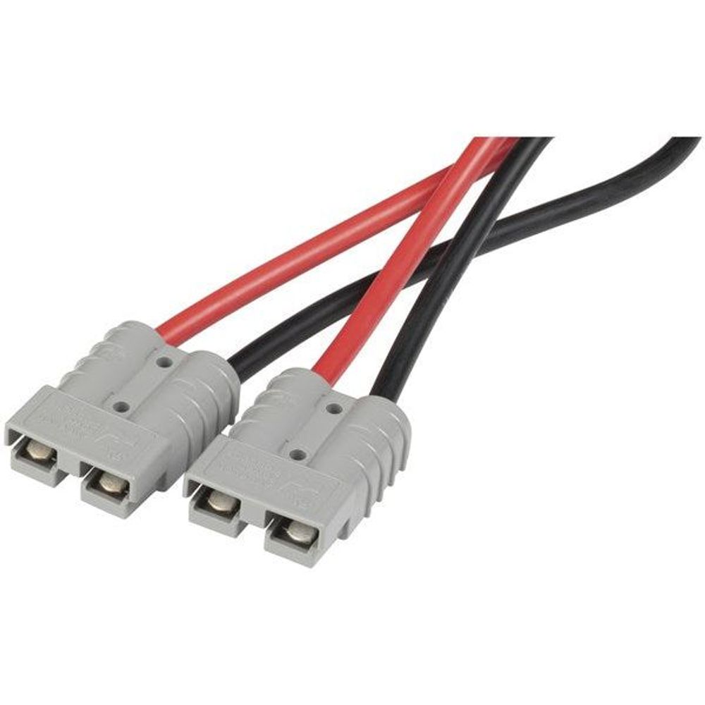 Piggyback cable with two gray plug ends and red and black insulated wire leads