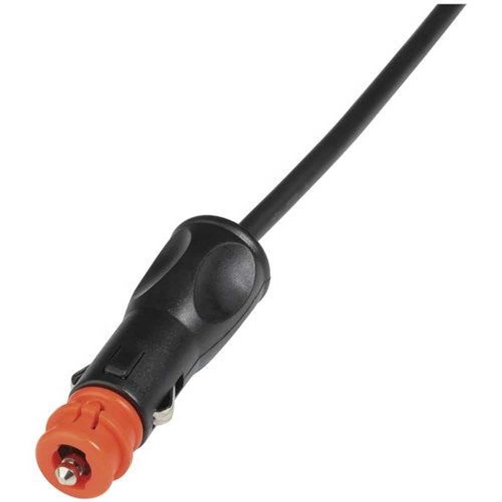 Cigarette plug end with orange contact insert on black cable