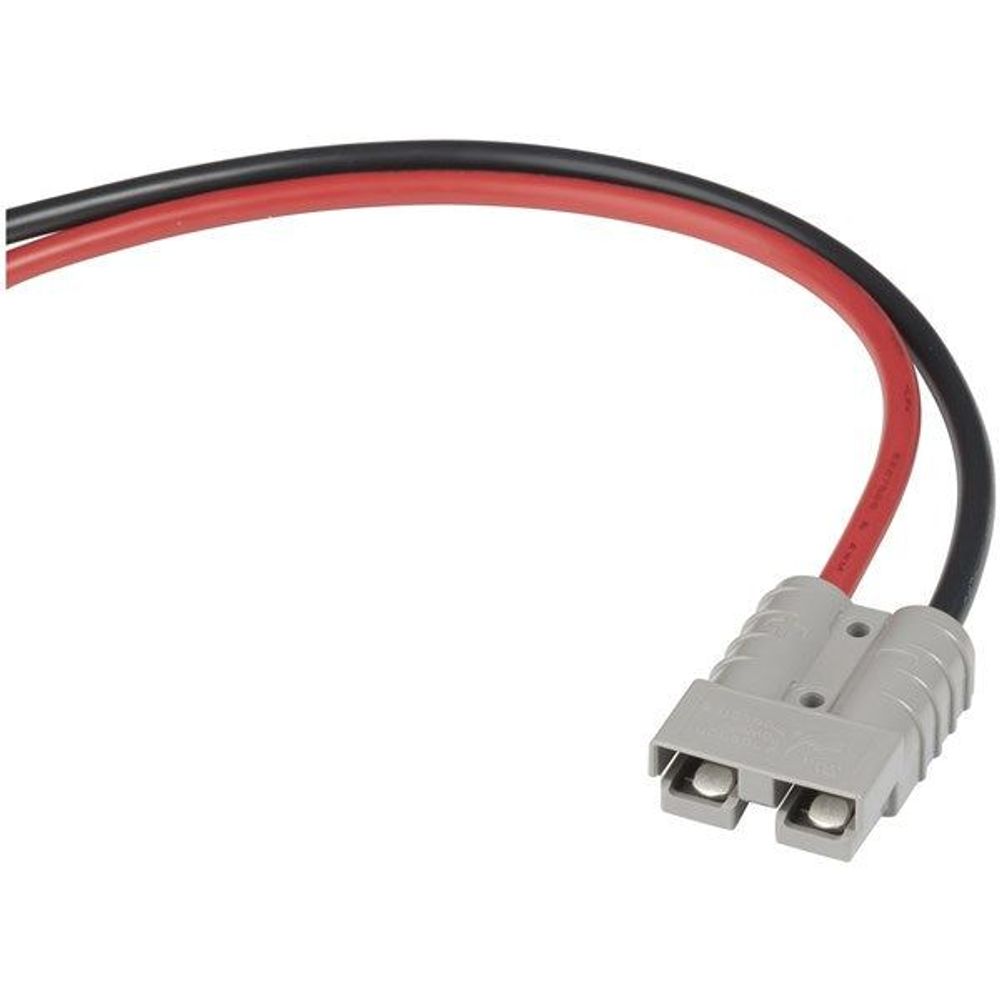 Gray dual-screw terminal connector with red and black wires on cable