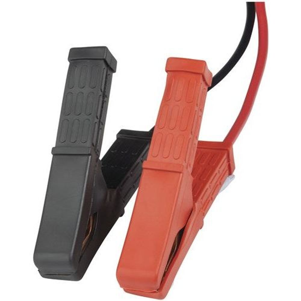 Insulated battery clamps, red and black plastic grips with cable leads