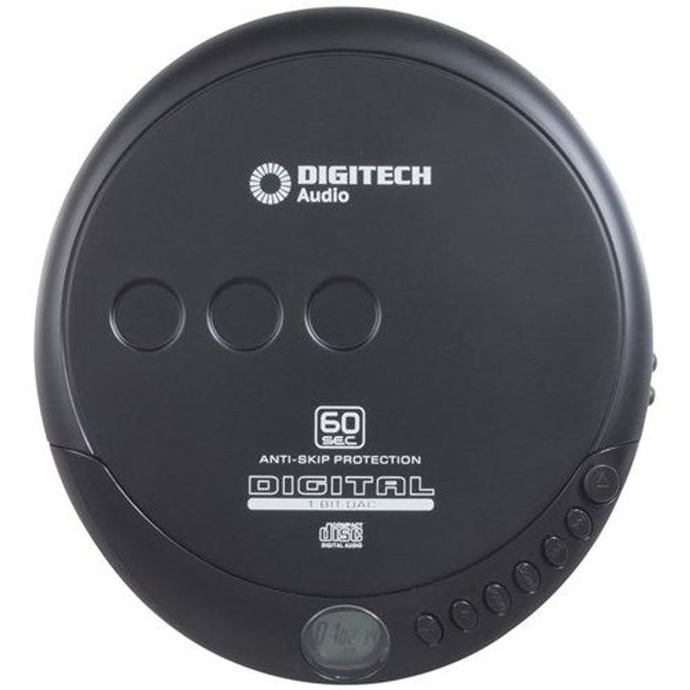 Black portable CD player front with 3 buttons and 60 anti-skip digital label