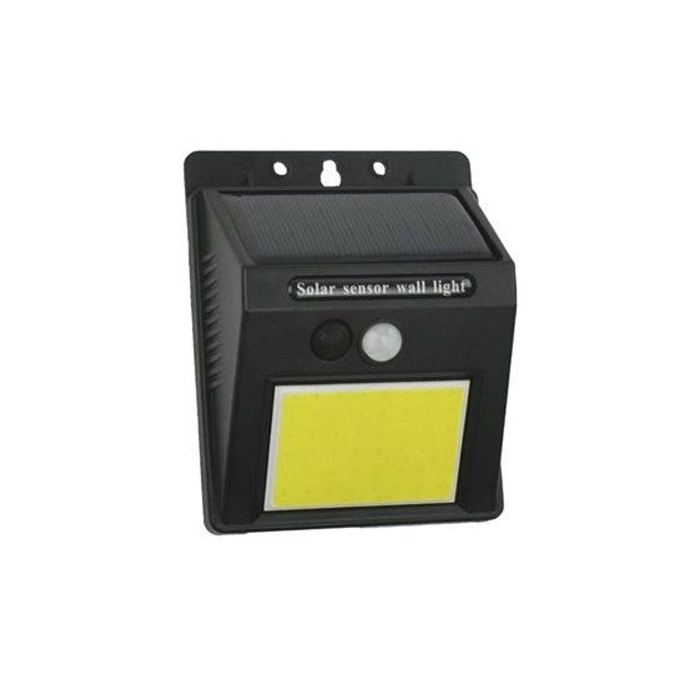 Black solar sensor wall light with round sensor and yellow-lit square LED