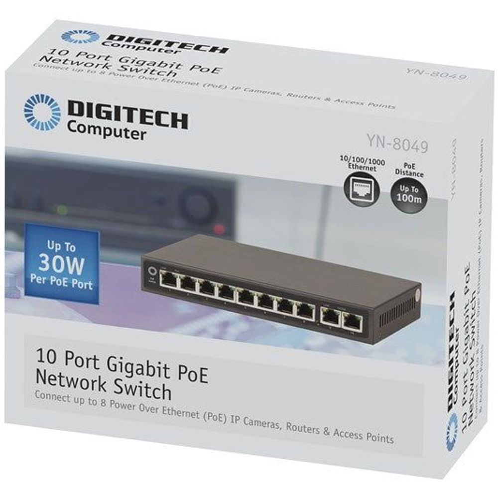 Digittech Computer 10-port Gigabit PoE switch retail box, up to 30W per PoE port