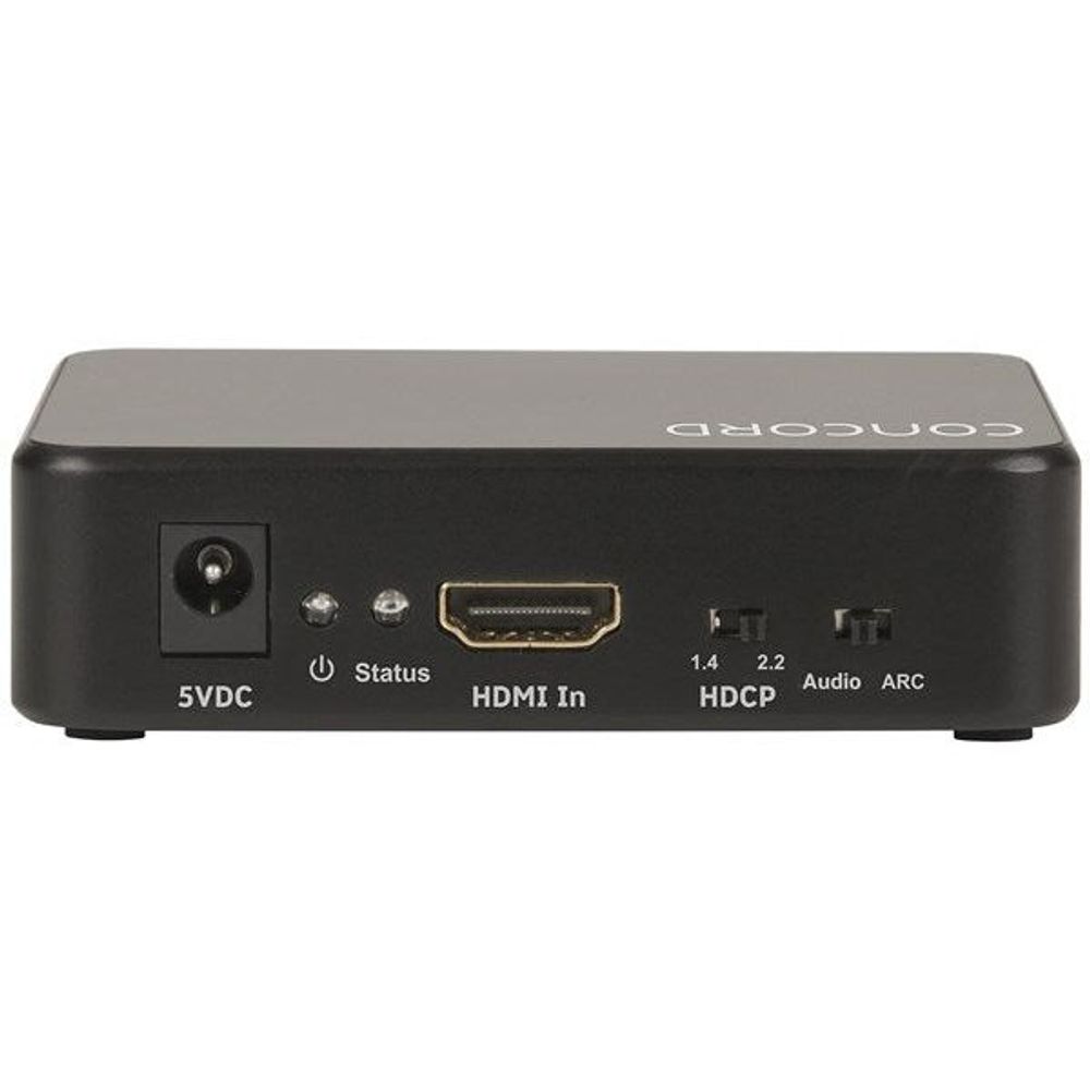 HDMI audio extractor rear panel with 5VDC, HDMI in, Status, Audio ARC, HDCP